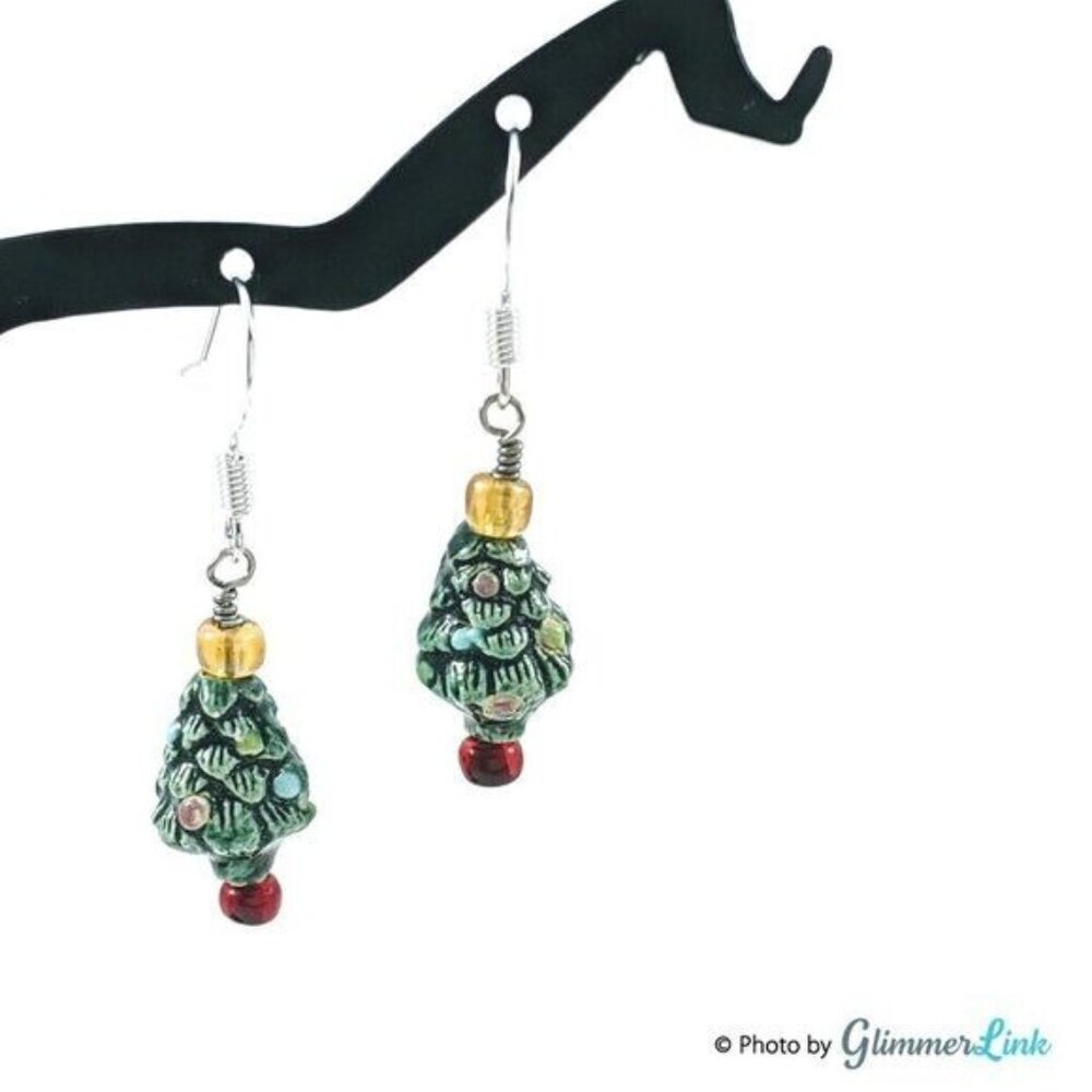 Vintage Christmas Tree Ceramic Dangle Earrings Hand Painted Holiday